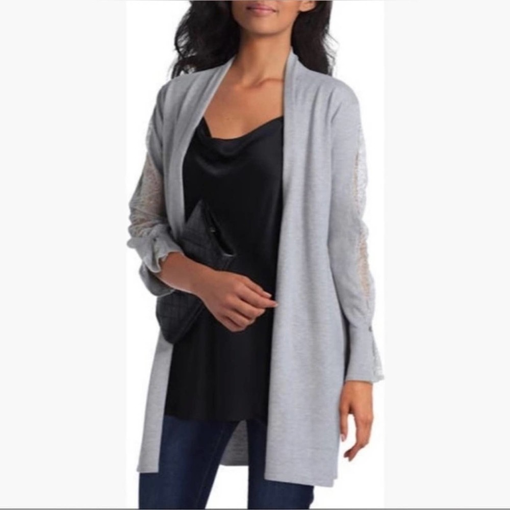 NWT HALSTON S Cardigan Sweater in Foggy Heather Gray‎ Open Front Longline Lace